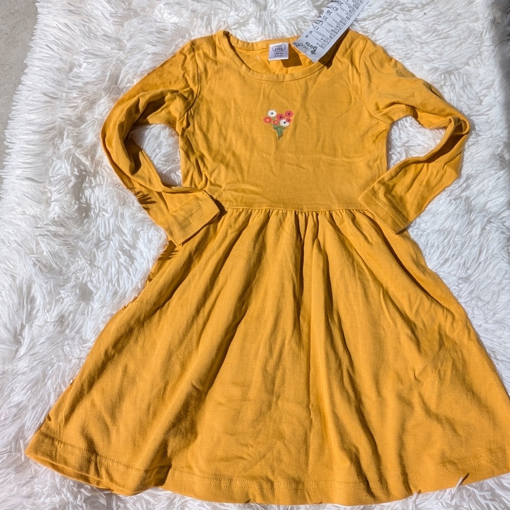 Mustard Yellow Baby Girl Dress – Long Sleeve Outfit with Floral Embroidery 3T 4T